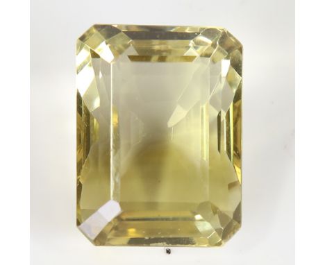 95.72ct unmounted rectangular step cut yellow quartz, dimensions: 28.66 x 21.66 x 18.59mm, 19.17g, with GJSPC Gemstone Report
