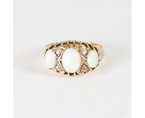 A large early 20th century 18ct gold graduate 7-stone opal and diamond half hoop ring, set with cabochon opals and rose-cut d