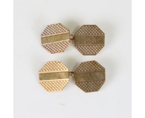 A pair of early 20th century 9ct gold octagonal cufflinks, engine turned decoration, hallmarks Chester 1931, panel width 13.5