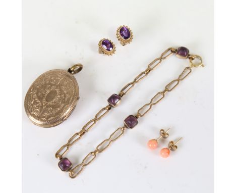 Various jewellery, including unmarked yellow metal amethyst bracelet, pair of 9ct gold amethyst stud earrings, double-sided p