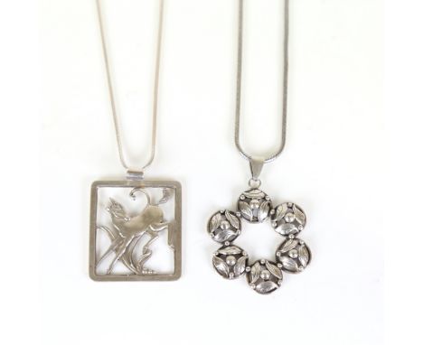2 Vintage Danish stylised silver pendant necklaces, makers include Bernhard Hertz and A Gold, necklace lengths 40cm and 44cm,