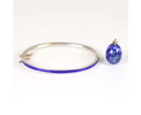 HANS JENSEN - a Vintage Danish silver and blue enamel hinged bangle, internal dimensions 6cm x 5cm, and a polished blue hards