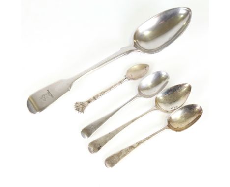 Various silver spoons, including Victorian table spoon, hallmarks Exeter 1847, and an Egyptian coffee spoon, 5.5oz total (5)L