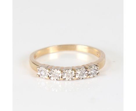 A modern 9ct gold 5-stone diamond ring, illusion set with modern round brilliant cut diamonds, total diamond content approx 0