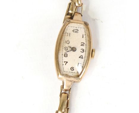 A lady's Vintage 9ct gold mechanical wristwatch, silvered dial with Arabic numerals and 9ct expanding strap, hallmarks Cheste