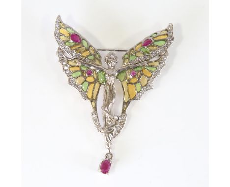 A modern Art Nouveau style silver plique-a-jour enamel ruby and Cubic Zirconia Pixie brooch, brooch height 66mm, 15.3gNo dama