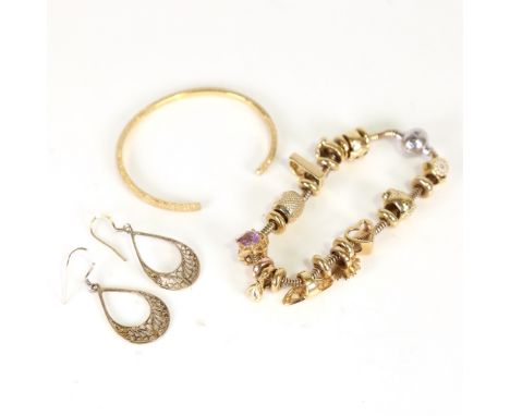 CHRISTINA - a Danish sterling silver-gilt snake link charm bracelet with 22 charms, and a similar bangle, and a pair of earri