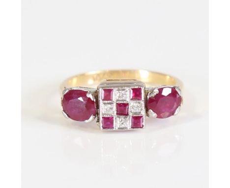 An Art Deco style 18ct gold ruby and diamond panel ring, geometric chequerboard panel design set with calibre and oval mixed 