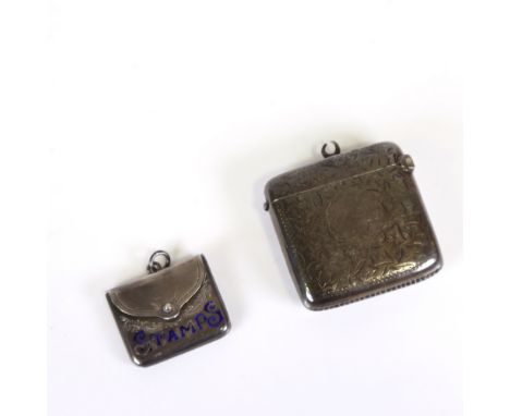 An Edwardian miniature novelty silver stamp case, by Boots Pure Drug Company, hallmarks Birmingham 1904, and an engraved curv