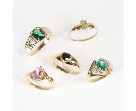 5 modern 9ct gold stone set rings, sizes K, L, N, O and S, 12.1g total (5)No obvious damage, all stones present, 2 have quite