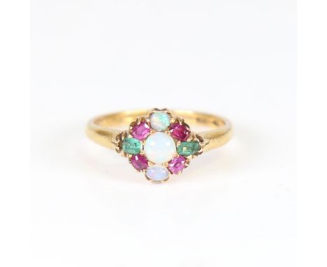 An Antique 15ct gold gem-set dress ring, set with cabochon opal, emerald and ruby, indistinct maker's mark, hallmarks Birming