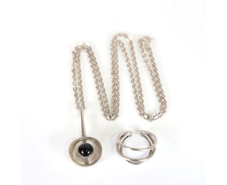 NIELS ERIK FROM - a Danish stylised sterling silver and onyx pendant necklace, pendant height 40.2mm, chain length 60cm, and 