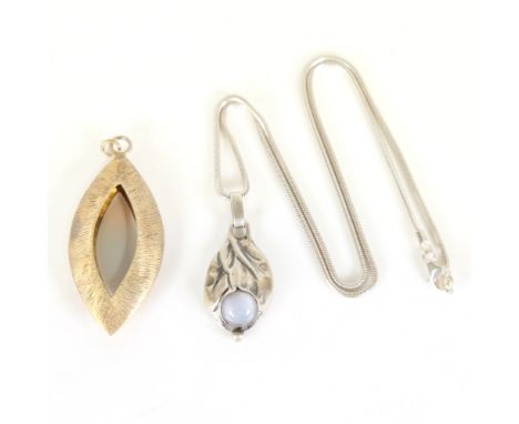 2 Vintage Danish stylised silver pendants, including Peter Christian Jensen moonstone example, with silver snake link chain, 