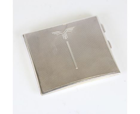 A George V Art Deco silver cigarette case, all over engine turned decoration with gilt interior, by W J Myatt & Co, hallmarks