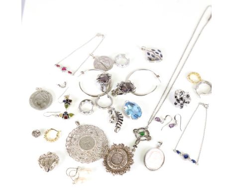 Various silver jewellery, including coin pendant, hoop earrings, brooches etc, 152g grossLot sold as seen unless specific ite