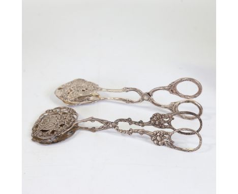 2 pairs of Antique Swedish silver pastry tongs, pierced and relief foliate decoration, Swedish control marks, largest length 
