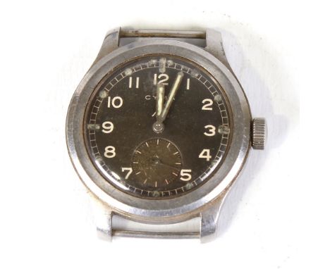 CYMA - a Second World War Period Military Issue 'Dirty Dozen' mechanical wristwatch head, black dial with Arabic numerals, lu