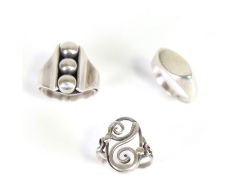 3 Vintage Danish stylised silver rings, makers include Christian Veilskov and Bernhard Hertz, sizes L x 2 and M, 16.7g total 