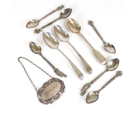 Various silver and white metal, including Georgian teaspoons, Whisky decanter label, and Italian coffee spoonsLot sold as see