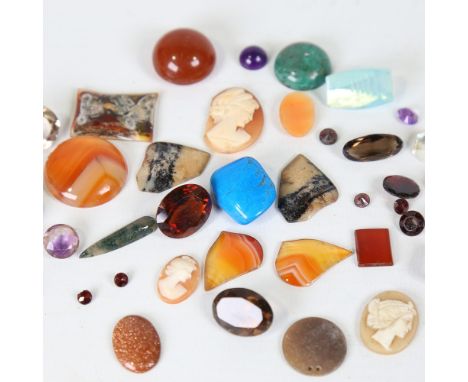 Various loose gemstones and cameos, gems include moss agate, amethyst, garnet, goldstone, smoky quartz, etc, 58.6g totalLot s