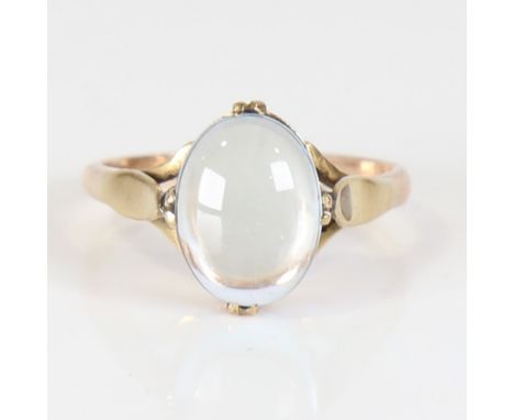 A late 20th century 9ct gold cabochon aquamarine dress ring, aqua dimensions: 12.07 x 9.21 x 3.61mm, size R, 3.6gNo damage or