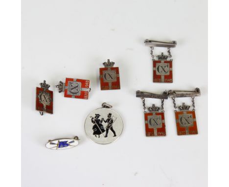GEORG JENSEN - 6 Vintage Danish silver and enamel Kingmark badges and brooches, VOLMER BAHNER - a Hans Christian Andersen pat