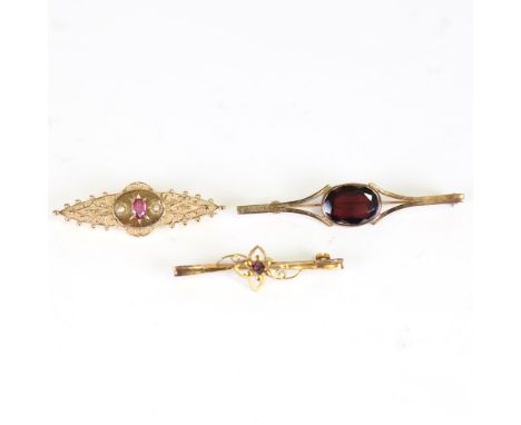 3 Vintage 9ct gold stone set brooches, largest length 57mm, 9.1g total (3)2 largest brooches are late 20th century with no ob