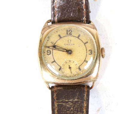 OMEGA - a Vintage gold plated cushion cased mechanical wristwatch, circa 1930s, silvered dial with quarterly Arabic numerals 