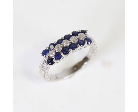 A modern 14ct white gold sapphire and diamond triple-row half hoop ring, set with modern round brilliant-cut diamonds and rou