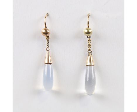 A pair of Antique moonstone drop earrings, teardrop stones with unmarked gold settings and shepherd hook fittings, overall he