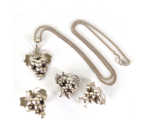 HERMANN SIERSBOL - a Vintage Danish stylised sterling silver grape design demi-parure, comprising pendant necklace, pair of c