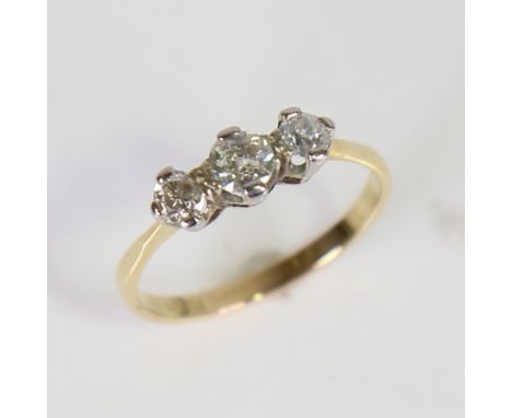 A mid-20th century 18ct gold 3-stone diamond ring, set with old European-cut diamonds, total diamond content approx 0.6ct, si