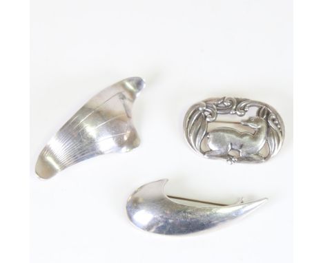 3 Vintage Danish stylised silver brooches, makers included Eiler & Marloe, and Hugo Grun, largest length 58mm, 27.4g total (3