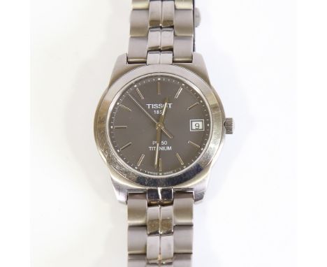 TISSOT - a titanium T-Classic PR 50 quartz wristwatch, ref. J376/476T, grey dial with steel baton hour markers and date apert