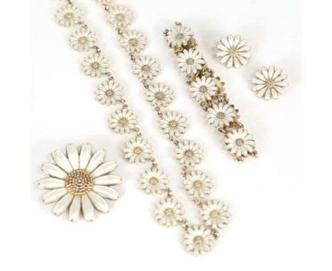 JEMAX - a Danish vermeil sterling silver and white enamel daisy pattern demi-parure, comprising necklace, bracelet, brooch an