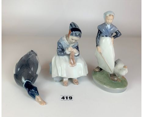 3 Royal Copenhagen figures – woman with goose 7” high, woman sewing 6” high and mallard duck 7.5” long. Good condition