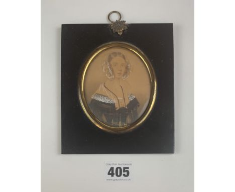 Portrait miniature of a woman, image 3.5” x 3”, frame 5.5” x 4.75”
