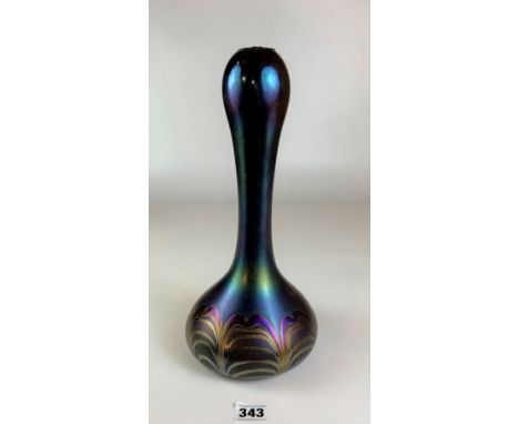 Art Nouveau iridescent purple glass vase converted to lamp base 13” high. 
