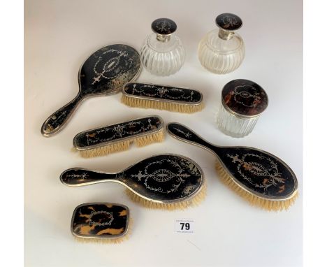 8 piece silver &amp; black enamel brush &amp; trinket set inc. 2 hairbrushes, 2 clothes brushes, handmirror and 3 trinket jar