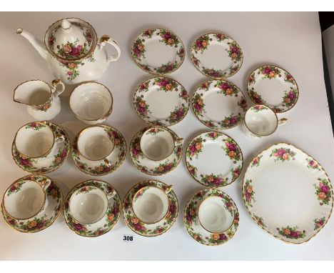 25 piece Royal Albert Country Rose tea service comprising 8 cups (1 small chip on 1 cup), 7 saucers, 6 side plates, sandwich 