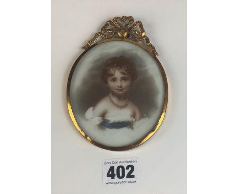 Portrait miniature of a young woman, overpainted. Image 3.5” x 3”, frame 5” x 3”