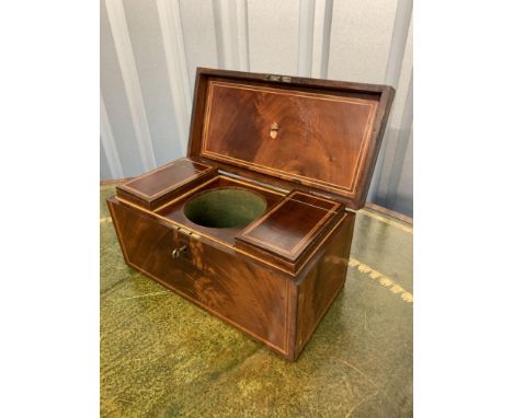 Mahogany inlaid tea caddy with 2 wooden caddies and space for jar. 12” wide x 6” deep x 6” high