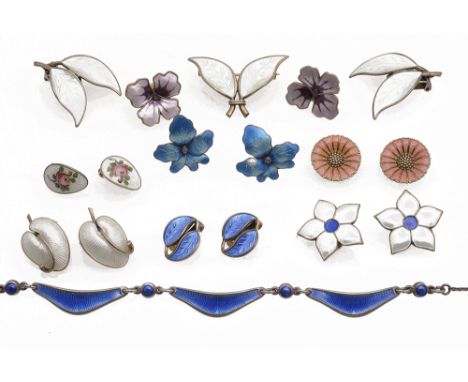 A collection of Scandinavian silver and enamel jewellerycomprising a blue enamel and silver necklace of boomerang form inters