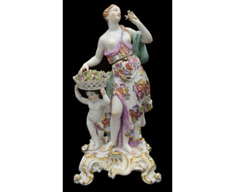 A 19th century Meissen allegorical figure of Springmodelled as Persephone with a putto bearing a basket of flowers, on a squa
