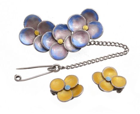 A Bernard Instone silver and enamel flower brooch and earclipsthe former of three overlapping four petal iridescent flowers w