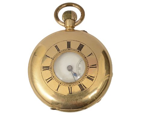 A Continental 18K gold half hunter pocket watchthe enamel dial with Roman numerals and subsidiary dial (missing hands), the d