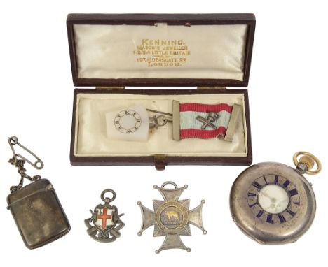 A late Victorian silver half hunter 'The Field Watch' keyless pocket watch by J.W. Benson, a silver vesta case, a Masonic jew