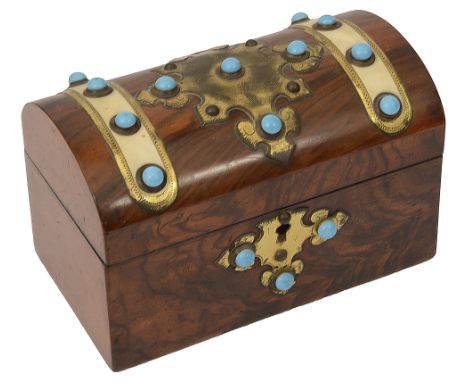 A Victorian brass bound walnut tea caddy inlaid with turquoise coloured cabochon decoration and ivory bandingwidth 20cm, heig
