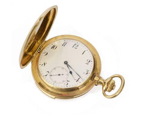 An unusual 18K full hunter minute repeater pocket watchnumbered on the dust cover 3572, the enamel dial with Arabic numerals,