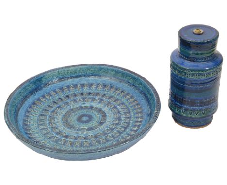 A Bitossi Ceramiche pottery charger and a cylindrical lamp baseboth c. 1960s, Italian, Rimini Blu blue green glazed, possibly